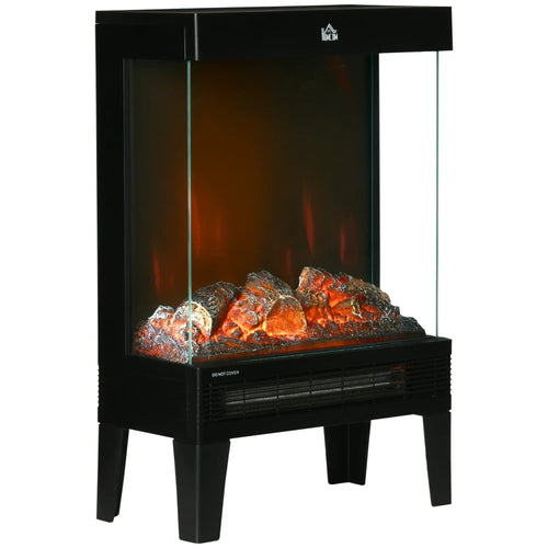 Black freestanding electric fireplace stove with clear glass front and LED glowing logs