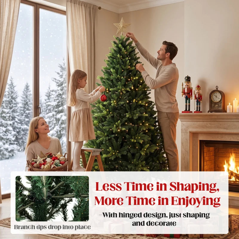 Green artificial Christmas tree on wooden stand with hinged design