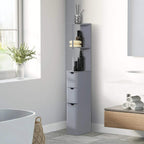 Grey narrow bathroom storage cabinet with open shelves and two drawers.