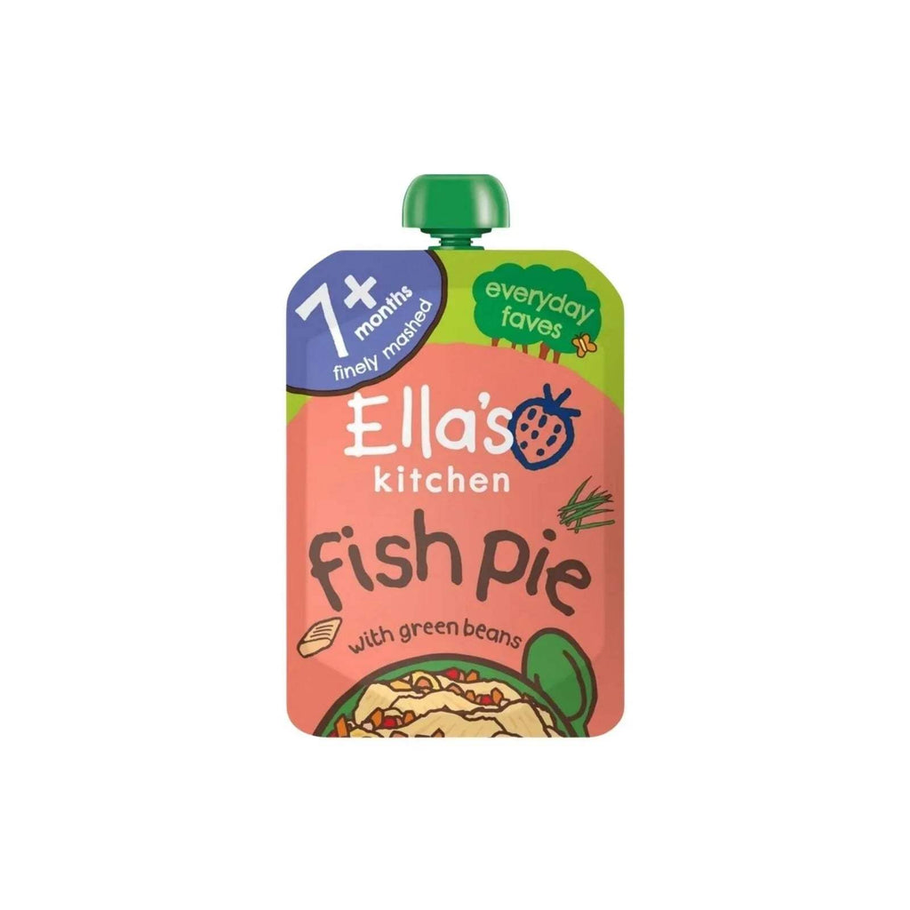 Baby food pouch with green cap, Ella's kitchen Fish Pie flavor, front label view