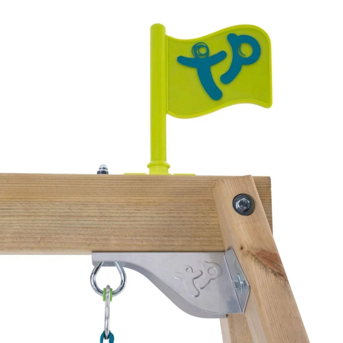 Wooden swing beam with metal hanging hook and lime-green logo flag.