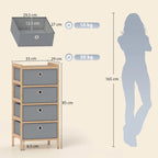 Narrow dresser front view with four light grey fabric drawers and bamboo sides