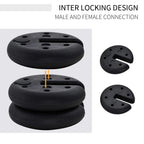 Black interlocking tent leg weight plates, stacked, with round connection holes