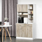 Natural wood kitchen sideboard cabinet with open shelves, drawers, and cabinet doors
