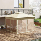Khaki pop-up gazebo tent with closed side panels and sheer curtains, outdoor use