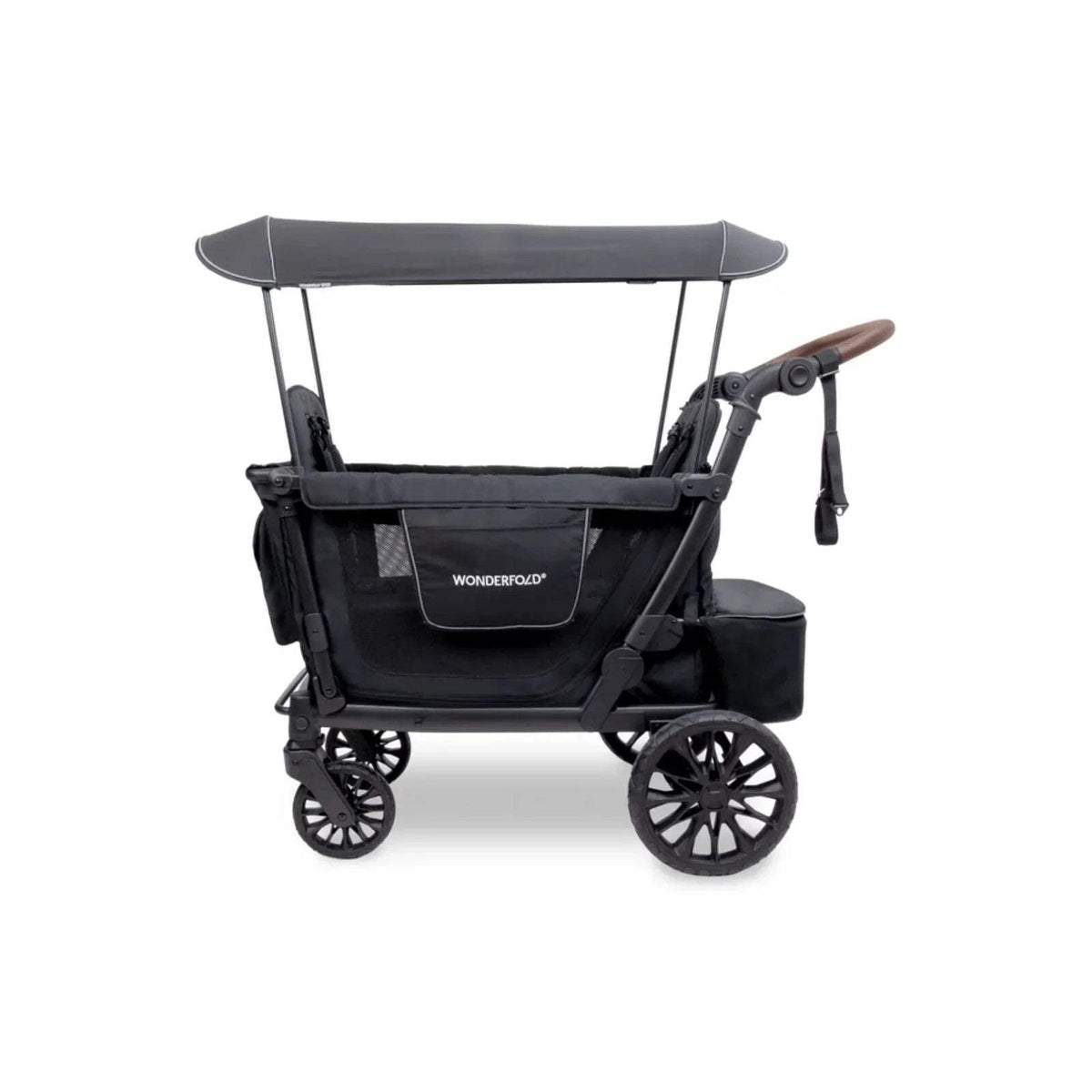 Black quad stroller wagon with canopy, front storage console, and large spoked wheels
