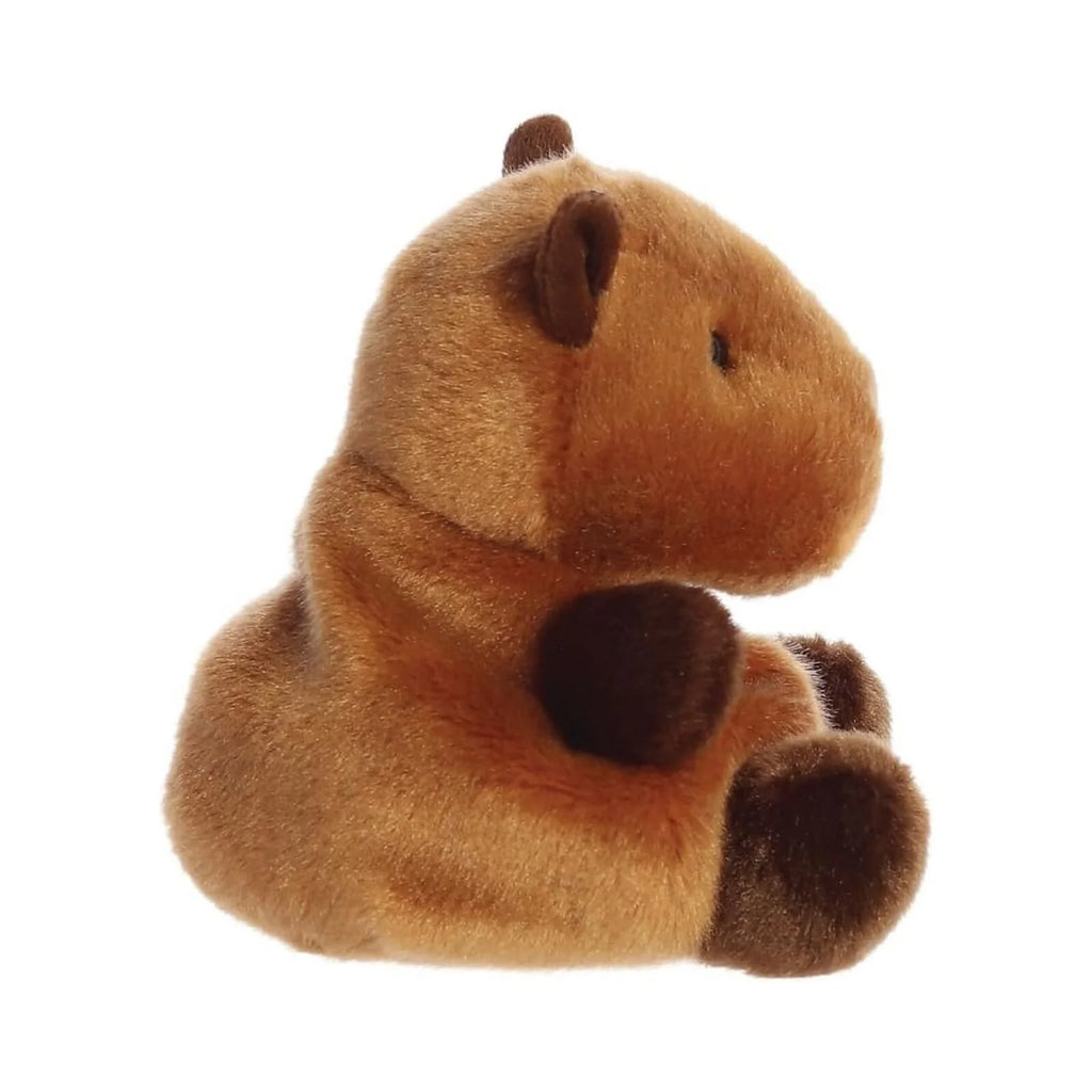Capybara plush toy side view with tan fur, dark ear and paw details, 12 cm