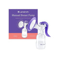 Lansinoh manual breast pump with purple handle, clear bottle, and breast flange