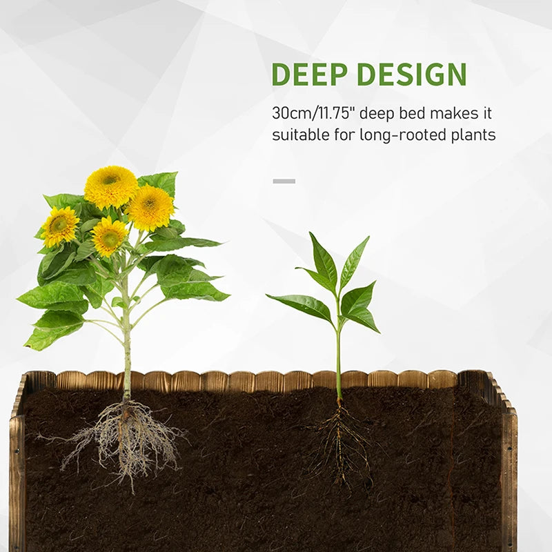 Wooden raised garden bed planter box with deep soil and plant stems