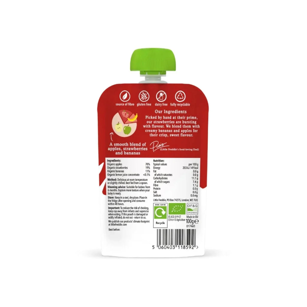 Baby food pouch back with ingredients and nutrition facts text, green flip cap
