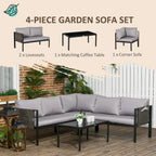 4-piece garden sofa set with light grey cushions, corner sofa, two loveseats, and coffee table