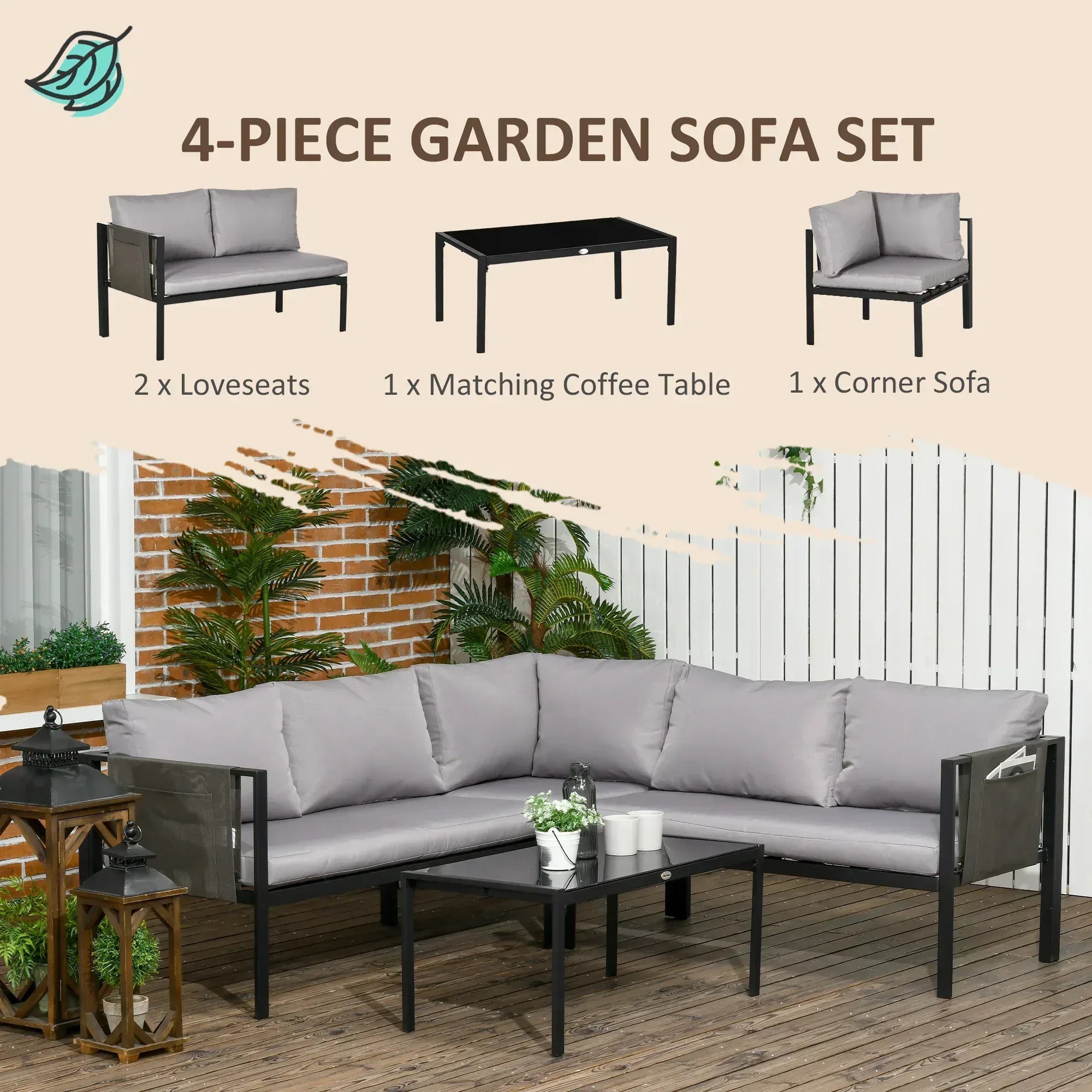 5 Seater Garden Corner Sofa Set, 4 Pieces Metal Garden Furniture Set with Loveseats, Glass Top Coffee Table, Breathable Mesh Pocket, Outdoor Conversation Furniture with Cushions, Light Grey - Bobobiy