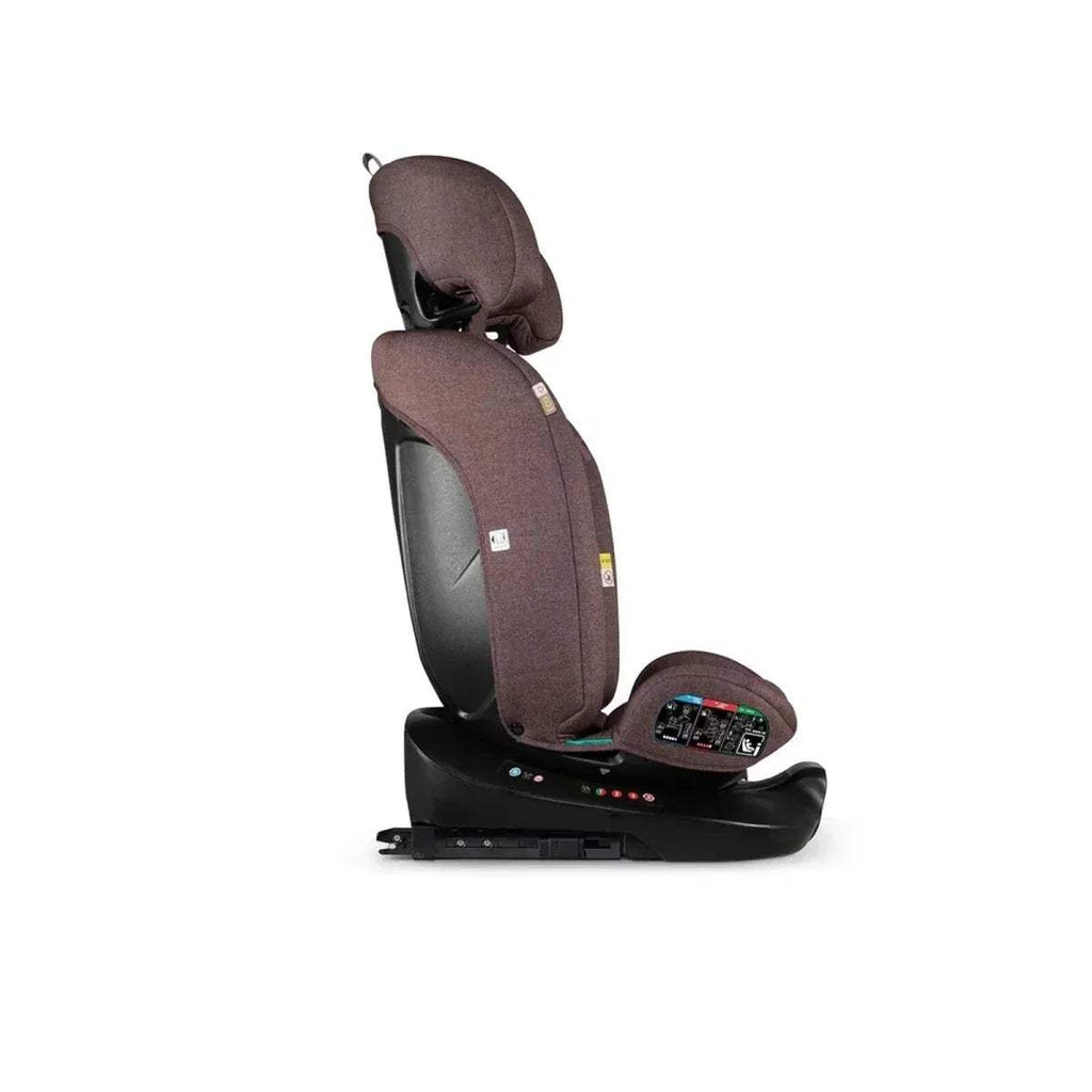 Brown 360° car seat with padded headrest and side impact protection, Group 0+/1/2/3