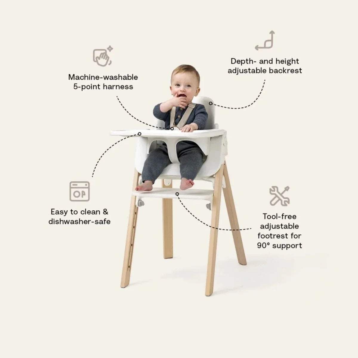 Adjustable black highchair with warm brown wooden frame and rounded seat