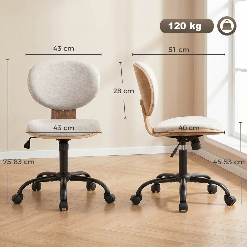 Light grey office chair shown side view with swivel base and caster wheels, size dimensions.