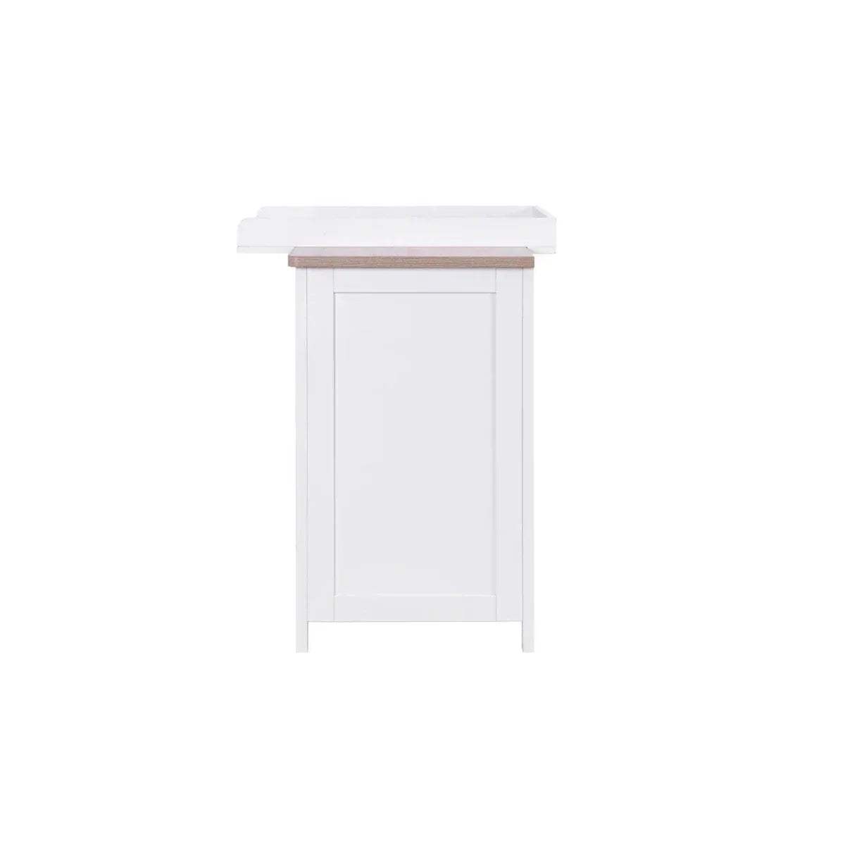 White chest changer base with oak top and raised padded changing rail