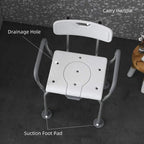 White shower stool detail: backrest carrying handle, drainage hole seat, suction feet