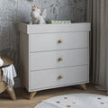 Kids changing dresser in grey with 3 drawers and brass round knobs, front view