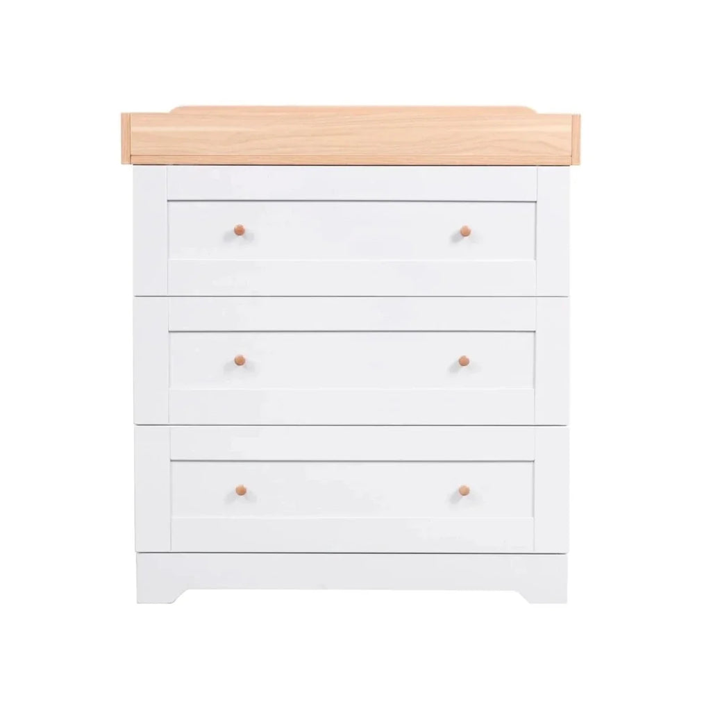 White baby dresser with four horizontal drawers and honey oak top, round knobs