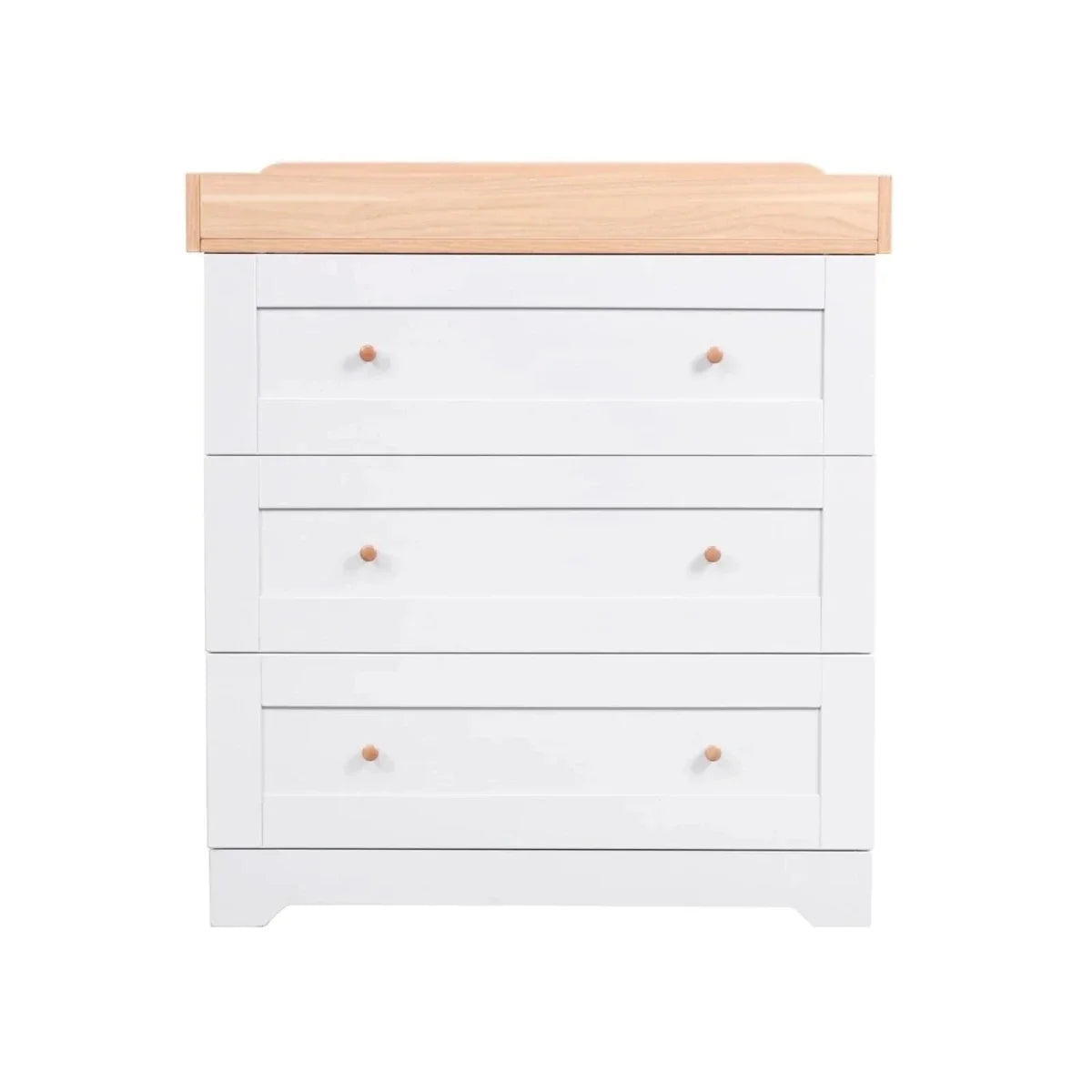 White baby dresser with four horizontal drawers and honey oak top, round knobs