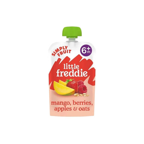 Little Freddie baby food pouch, 6+ mango, berries, apples & oats, green cap