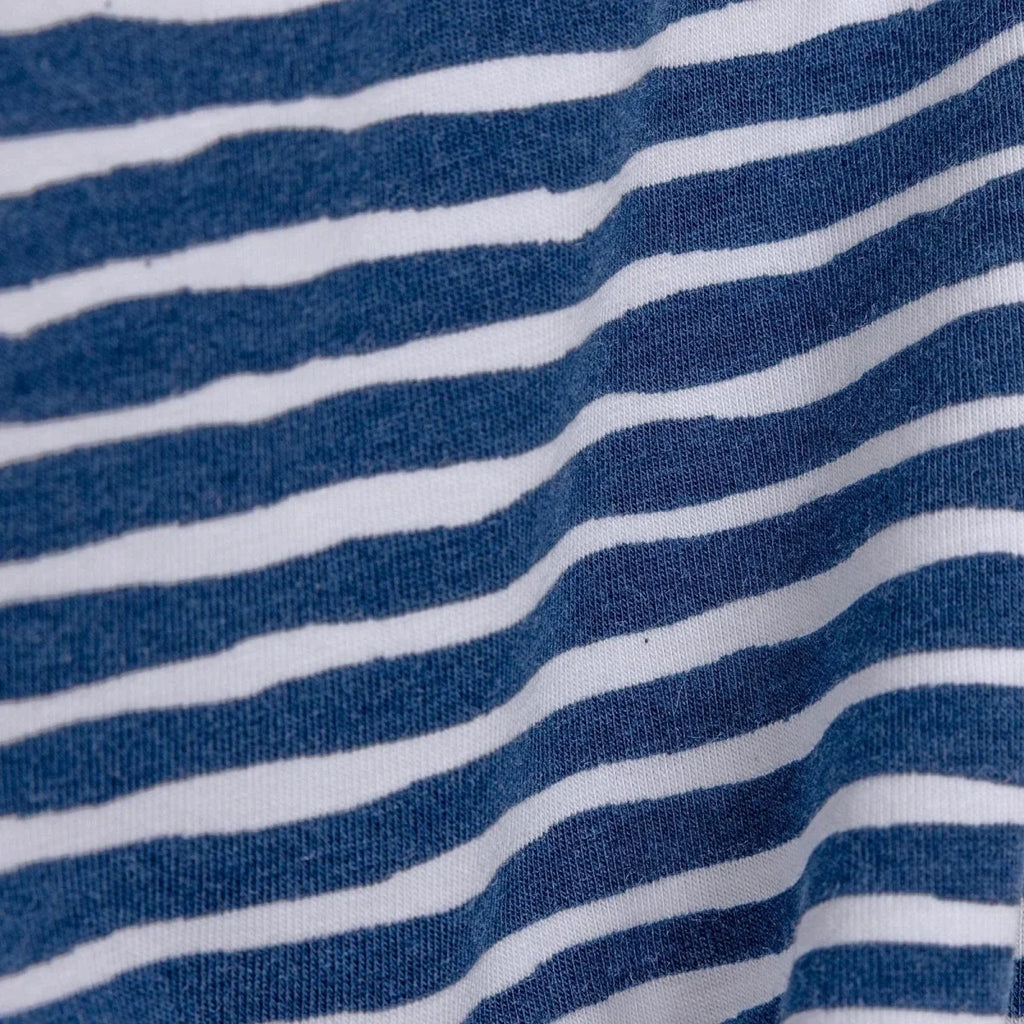 Close-up of navy blue and white striped knit fabric used on boys knickers
