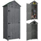 Grey wooden storage shed with double doors and latching hardware