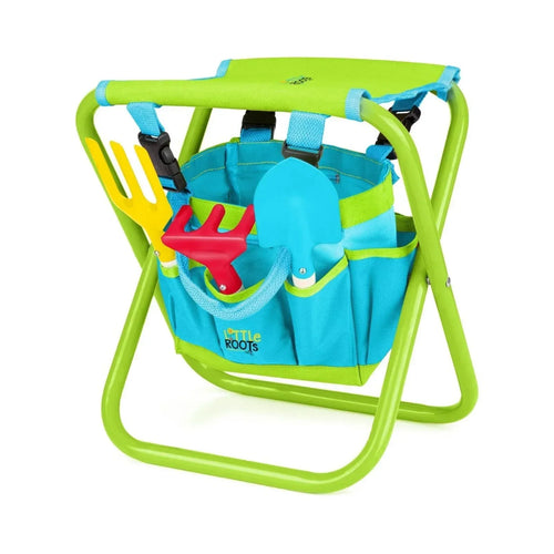 Folding kids stool with blue tool organizer pockets and lime green frame