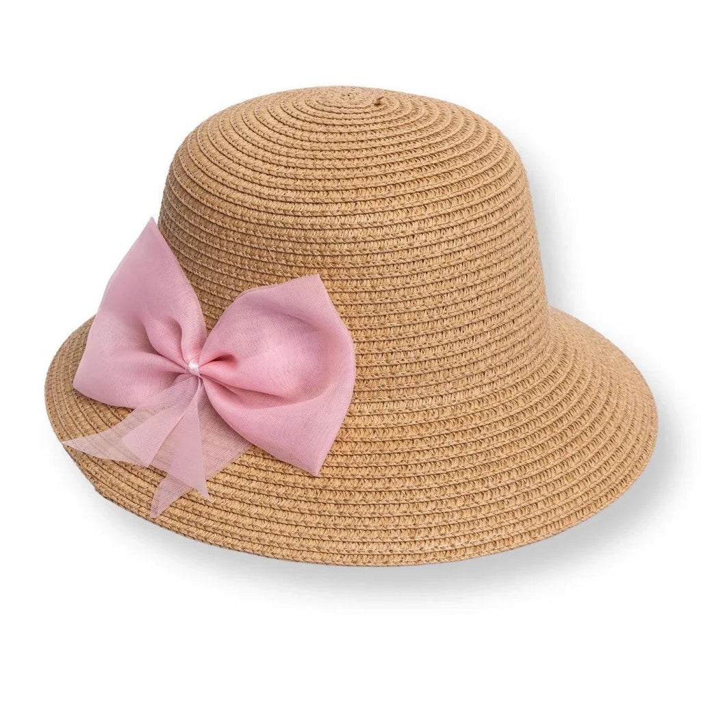 Tan straw bucket hat with pink bow on side, wide brim