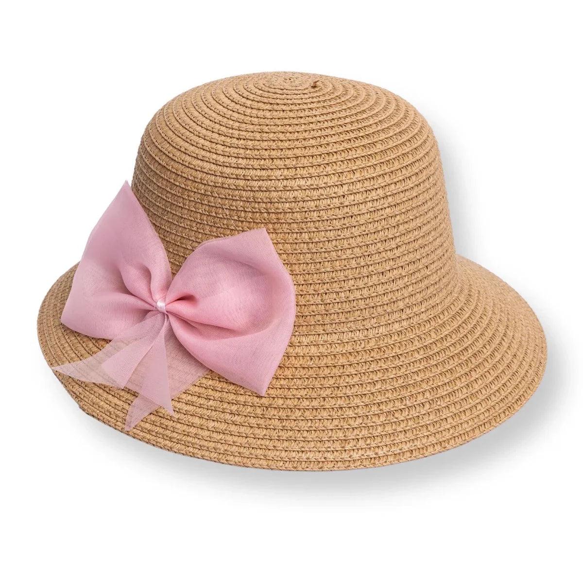 Tan straw bucket hat with pink bow on side, wide brim