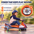 Orange kids electric wiggle car with battery level display and RGB front lights