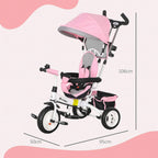 Pink kids push trike with canopy, side view with size measurements