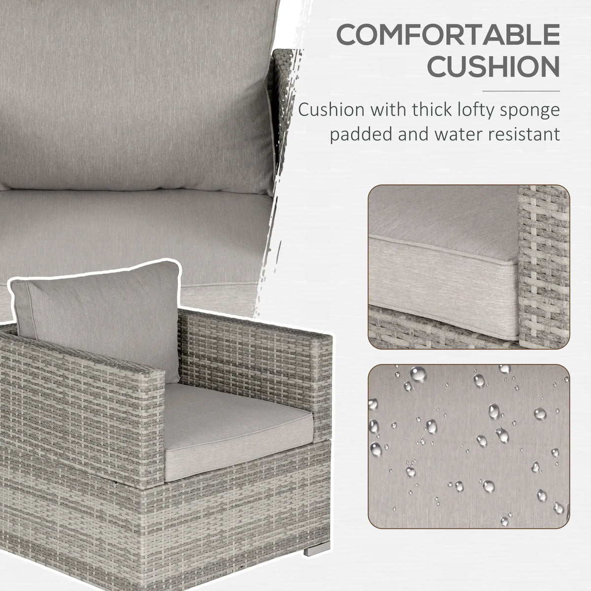 Grey wicker armchair with thick padded, water-resistant seat and back cushions