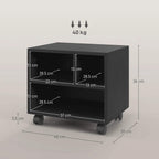 Black three-compartment printer cabinet with labeled dimensions and caster wheels