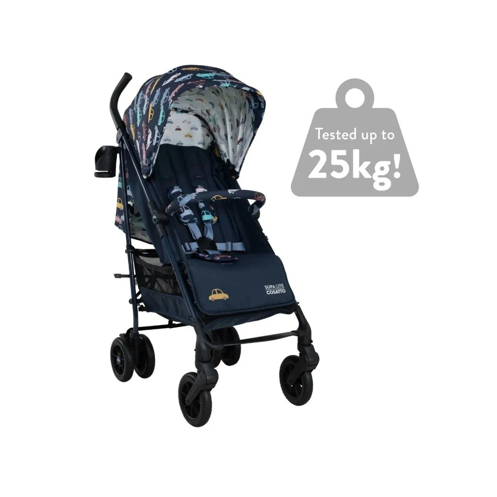 Compact stroller with navy seat and patterned canopy, rear wheels and footrest visible