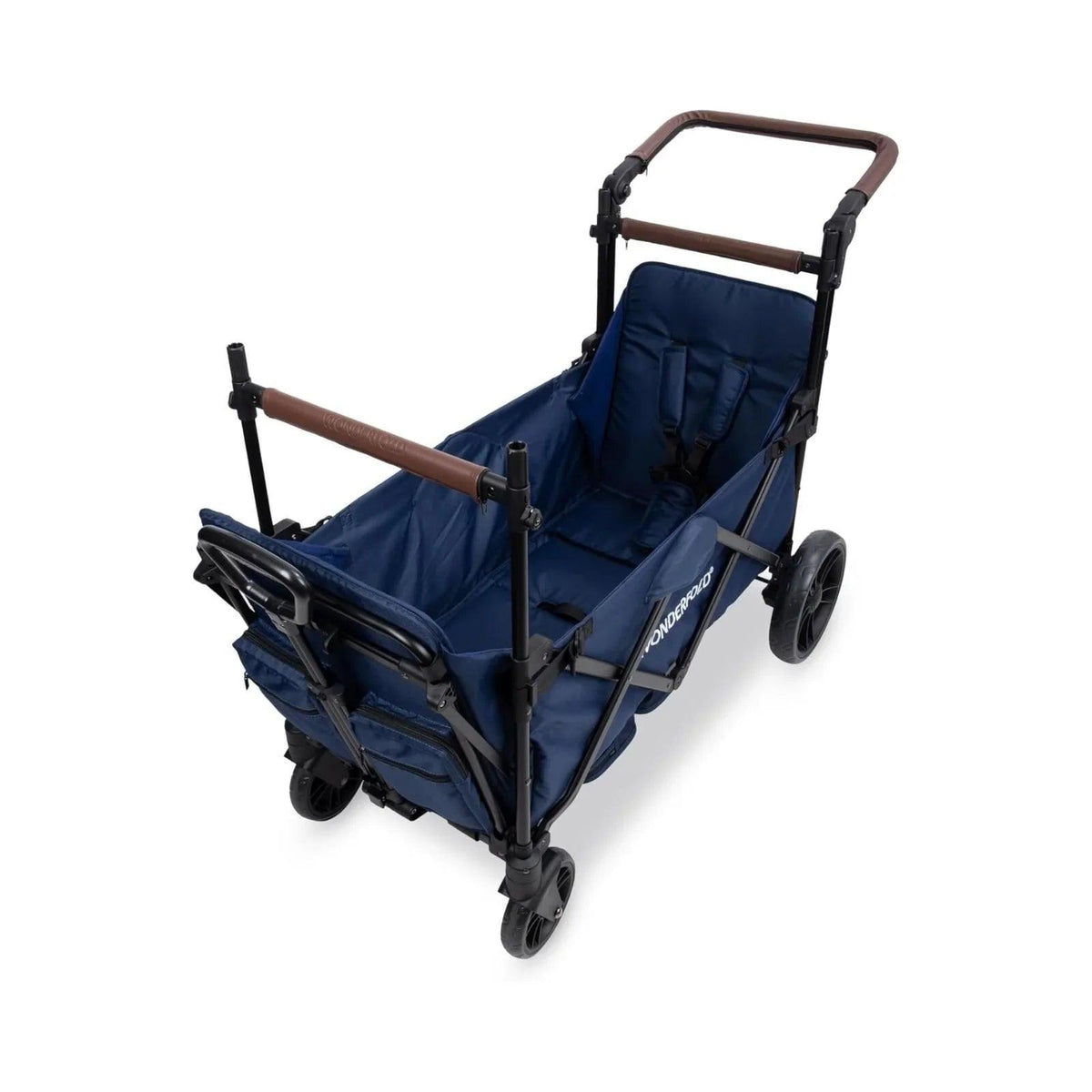 Sapphire navy stroller wagon with reclined seats and brown push handle