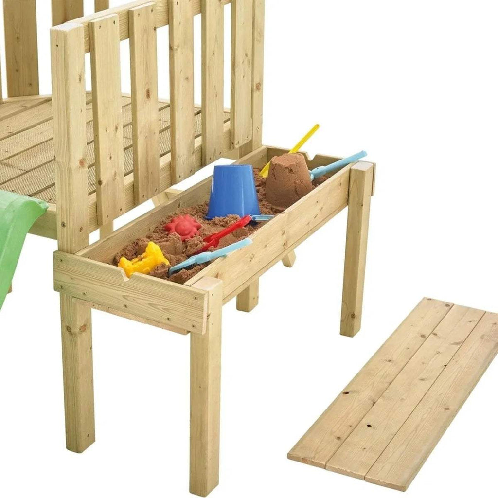 Wooden climbing frame with toy bin inside and colorful play accessories