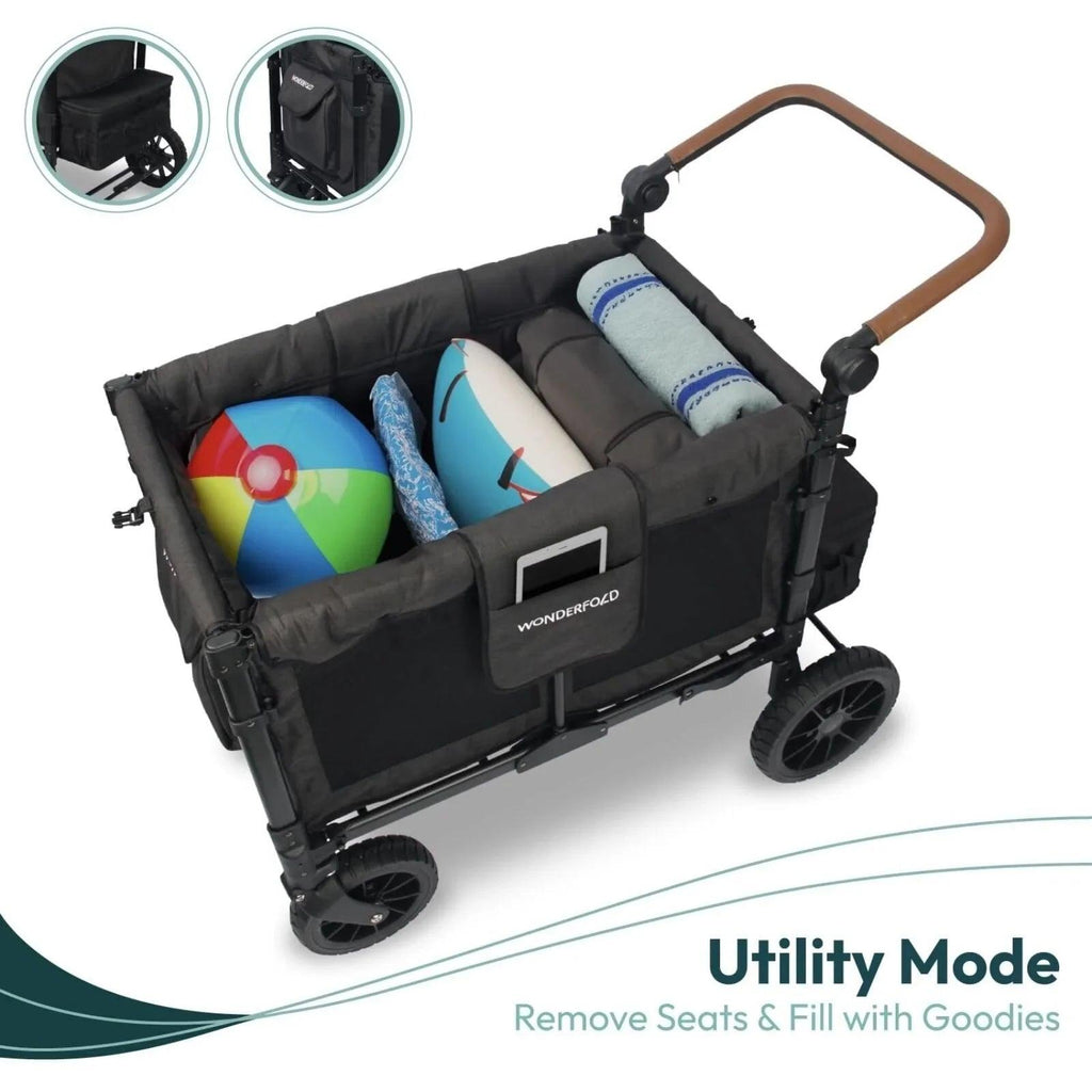 Jet black stroller wagon in utility mode with front opening and padded interior
