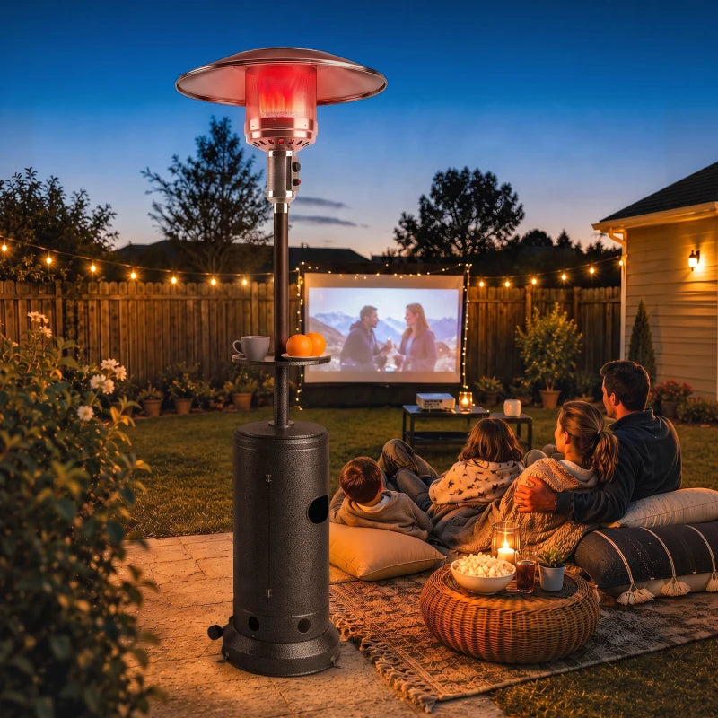 Brown outdoor gas heater with glowing top and cylindrical base