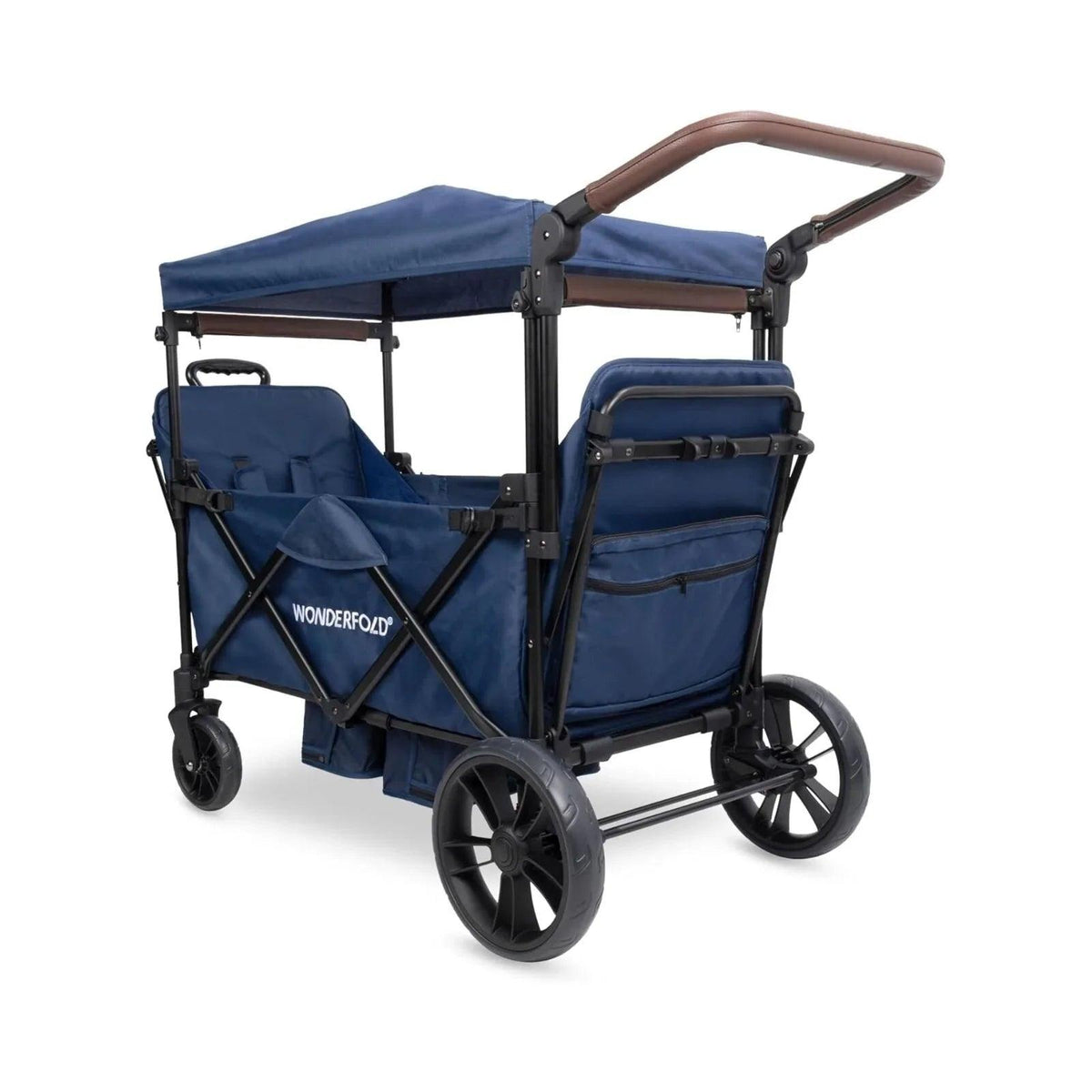 Sapphire navy stroller wagon with brown push handle, side seats, and canopy