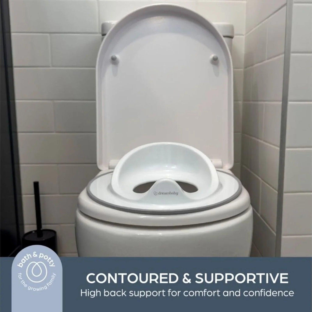 Dreambaby toilet topper on toilet seat with high-back contour support
