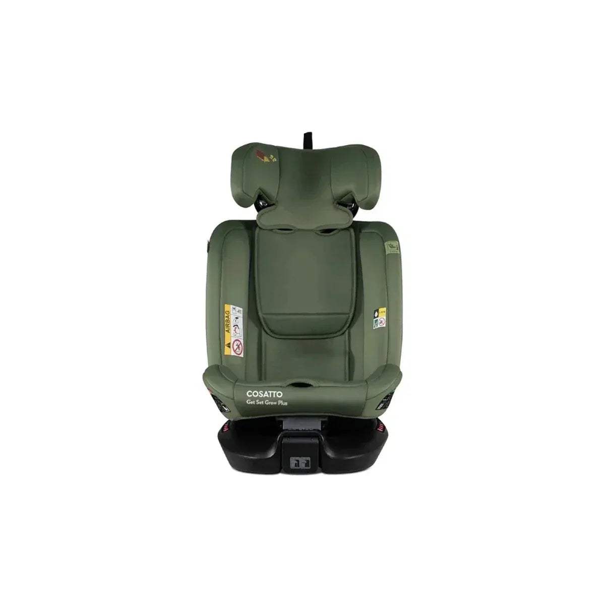 Olive-green car seat rear view with headrest wings and safety label panels