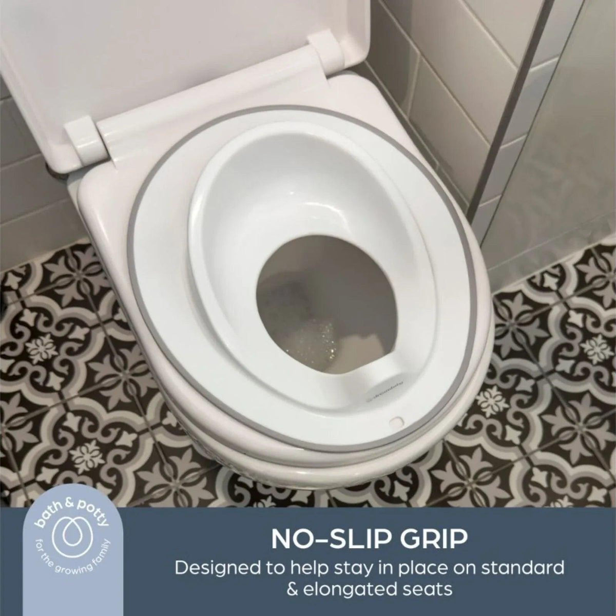 Dreambaby toilet topper on toilet bowl with anti-slip grip and oval opening