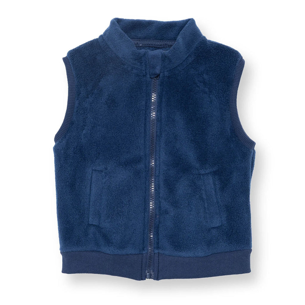 Navy blue fleece baby gilet with funnel neck and front zip