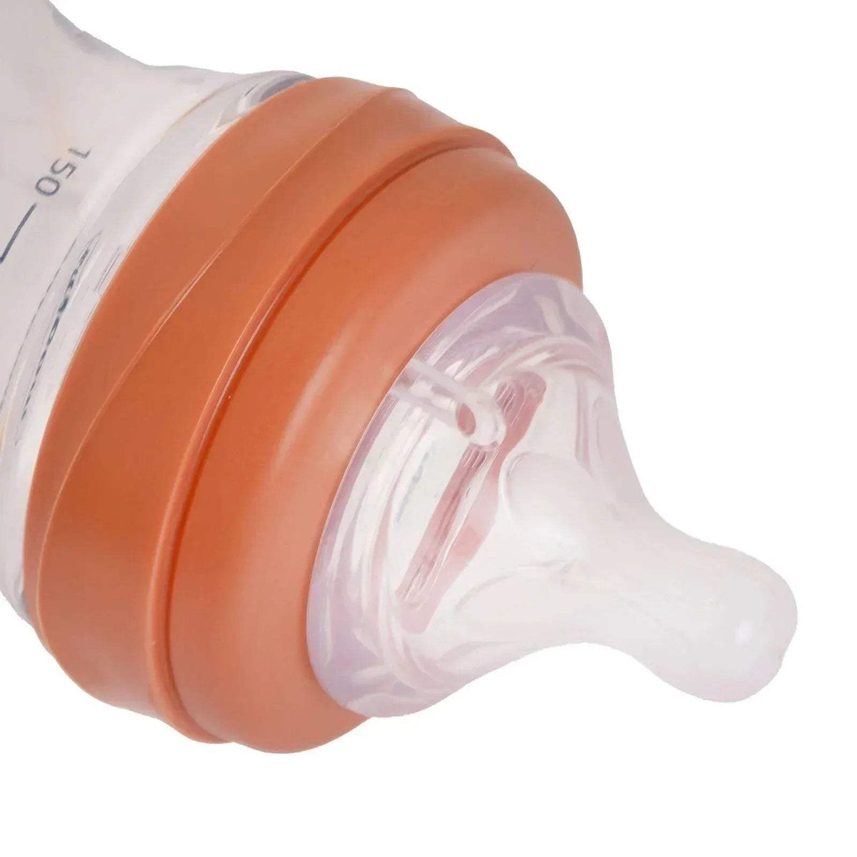 Coral pink bottle collar with clear silicone slow-flow teat and vented cap