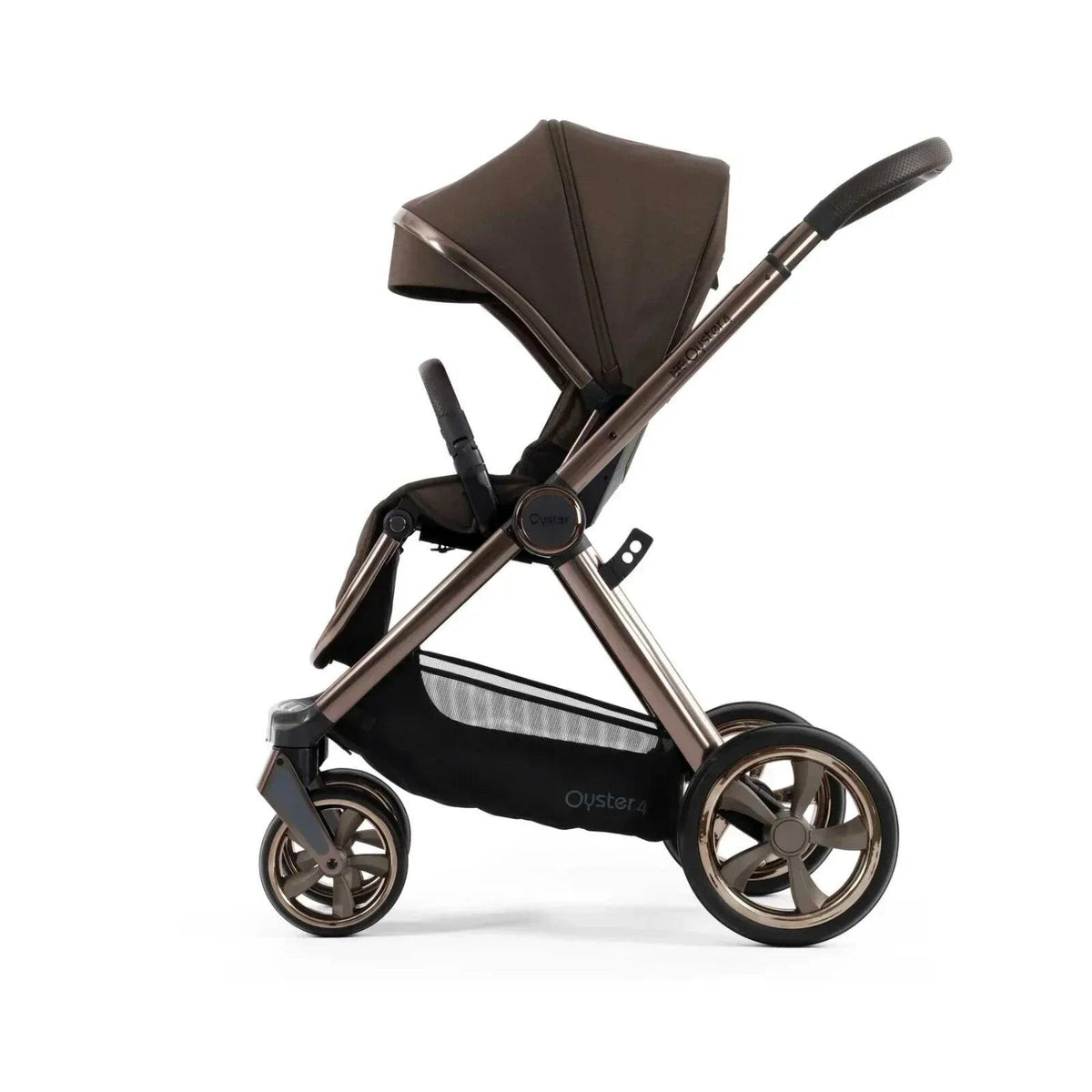 Chocolate velvet stroller with canopy and handlebar, three-quarter side view