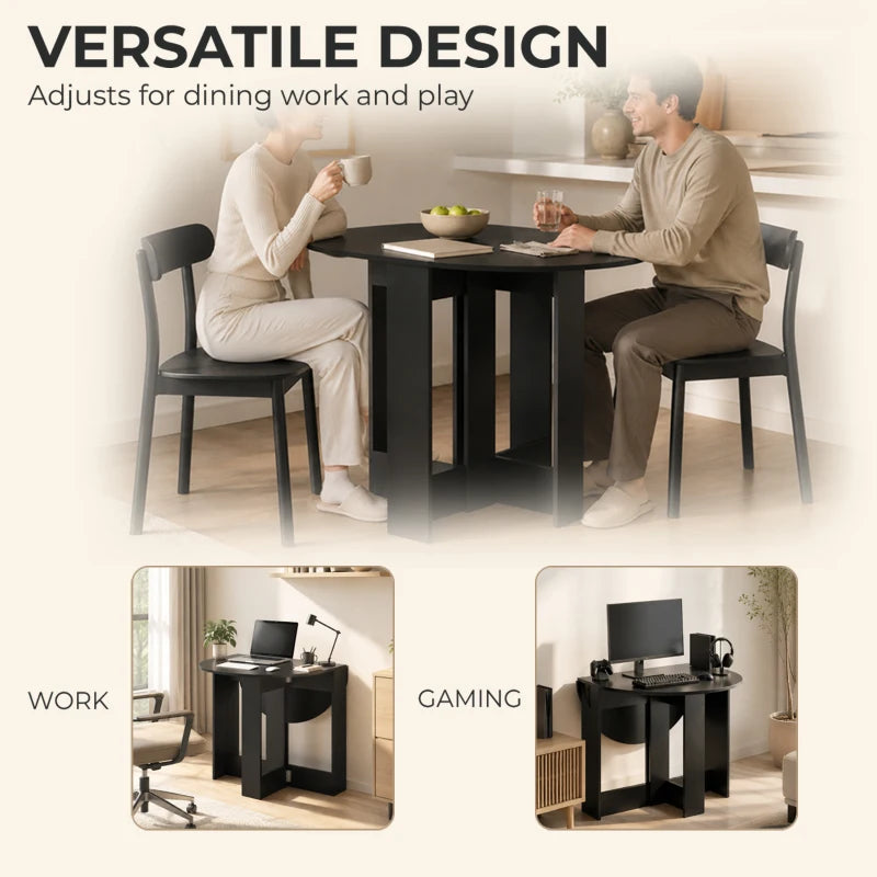 Black round folding dining table with drop-leaf panels for versatile indoor use
