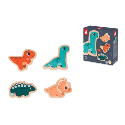 Dino progressive puzzle set with four wooden dinosaur pieces in orange, teal, and green.