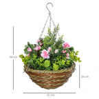 Hanging wicker basket planter with steel chain, pink blossoms and bright green foliage