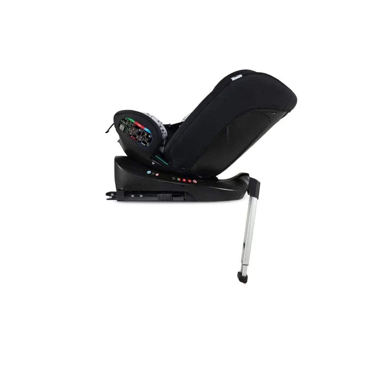 Cosatto i-Size 360 car seat side view in black with white dog print headrest and base leg